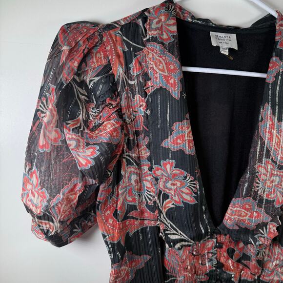 Hemant & Nandita x REVOLVE Zoie Bodysuit Women’s M Black Floral V-Neck black - Picture 6 of 16